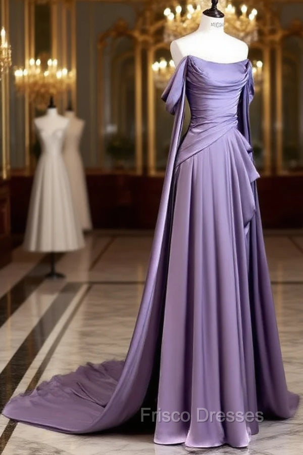 Simple A Line Strapless Sleeveless Satin Lilac Formal Prom Dress Long Formal Prom Dress