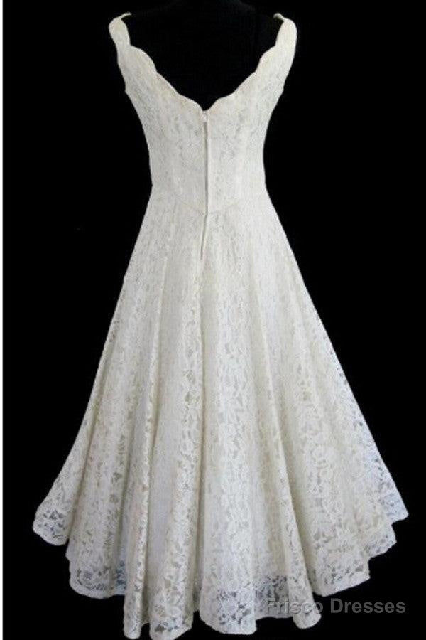Simple A-Line Straps Jewel Knee-Length Lace Beach Wedding Dresses