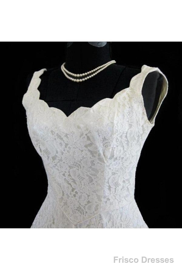 Simple A-Line Straps Jewel Knee-Length Lace Beach Wedding Dresses