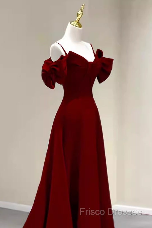 Simple A Line Straps Red Satin Long Formal Prom Dress
