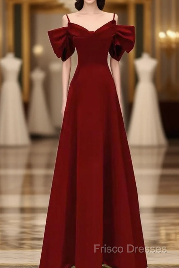 Simple A Line Straps Red Satin Long Formal Prom Dress Main image