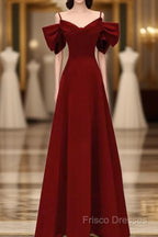 Simple A Line Straps Red Satin Long Formal Prom Dress