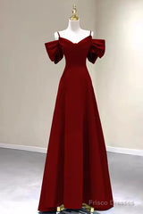 Simple A Line Straps Red Satin Long Prom Dresses