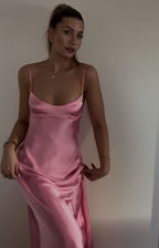 Simple A Line Straps Sleeveless Party Dress Silk Satin Pink Prom Dress