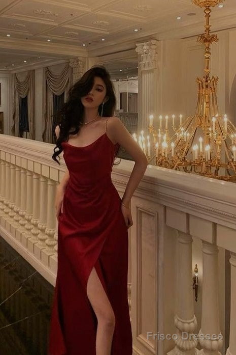 Simple A Line Straps Sleeveless Satin Red Prom Dresses Long Prom Dress