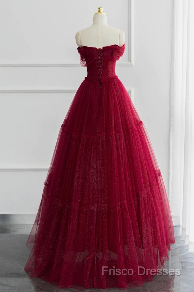 Simple A-Line Tulle Burgundy Long Formal Prom Dress Secondary image