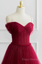 Simple A-Line Tulle Burgundy Long Formal Prom Dress