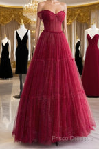 Simple A-Line Tulle Burgundy Long Formal Prom Dress