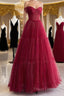 Simple A-Line Tulle Burgundy Long Formal Prom Dress