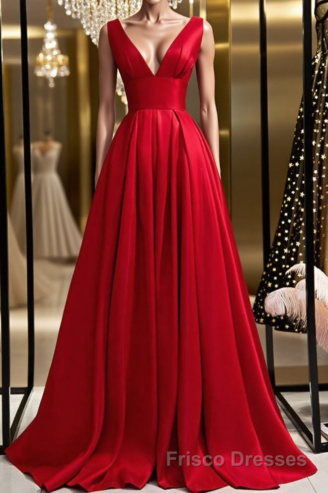Simple A Line V Neck and V Back Red Satin Long Formal Prom Dresses, Cheap V Neck Red Formal Graduation Evening Dresses Main image