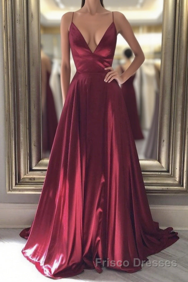 Simple A Line V Neck Backless Burgundy Long Formal Prom Dresses, Backless Burgundy Formal Graduation Evening Dresses Main image