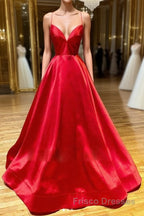 Simple A Line V Neck Backless Red Long Formal Prom Dresses, Backless Red Fromal Dresses, Red Evening Dresses