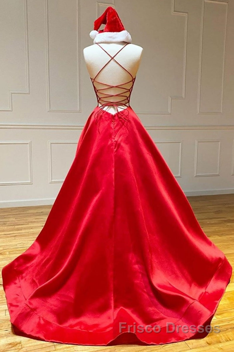 Simple A Line V Neck Backless Red Long Formal Prom Dresses, Backless Red Fromal Dresses, Red Evening Dresses