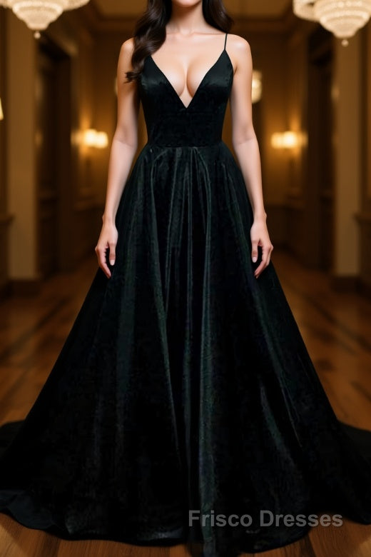 Simple A Line V Neck Black Satin Long Formal Prom Dresses, Black Formal Dresses, Evening Dresses 2019 Main image