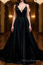Simple A Line V Neck Black Satin Long Formal Prom Dresses, Black Formal Dresses, Evening Dresses 2019