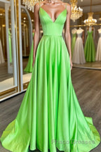 Simple A Line V Neck Green Satin Long Formal Prom Dresses, V Neck Green Formal Graduation Evening Dresses