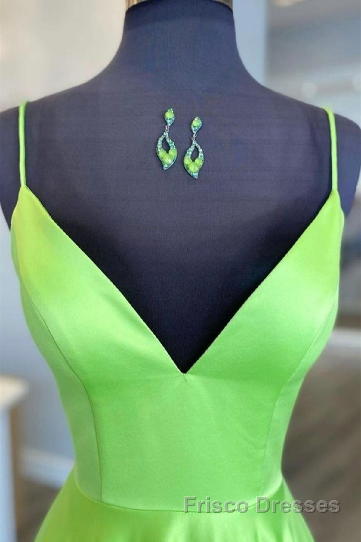 Simple A Line V Neck Green Satin Long Formal Prom Dresses, V Neck Green Formal Graduation Evening Dresses