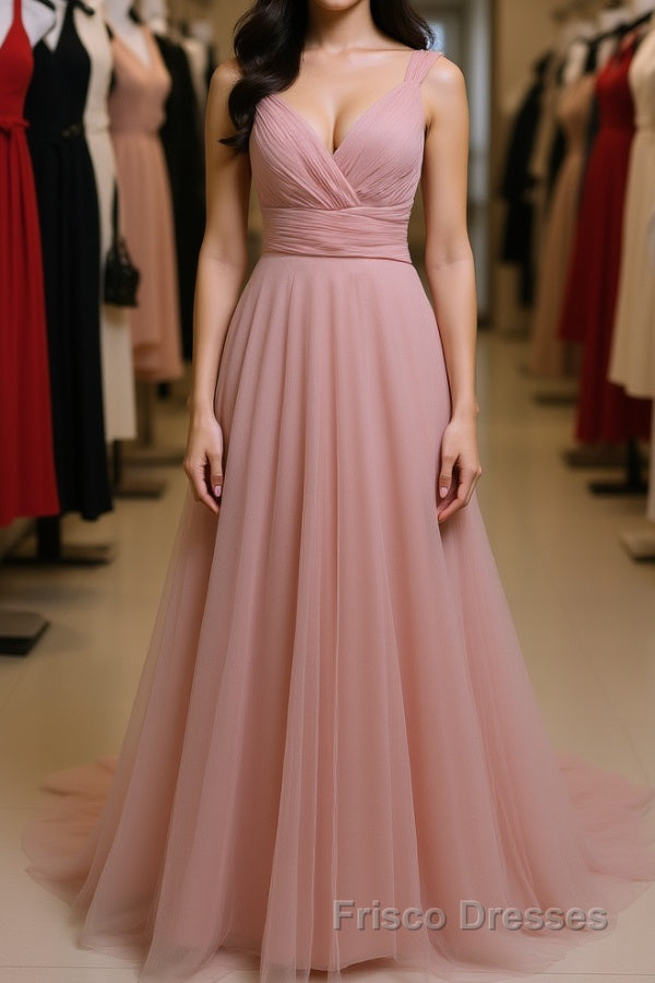 Simple A Line V Neck Pink Tulle Long Formal Prom Dresses Bridesmaid Dresses, V Neck Pink Formal Dresses, Pink Evening Dresses