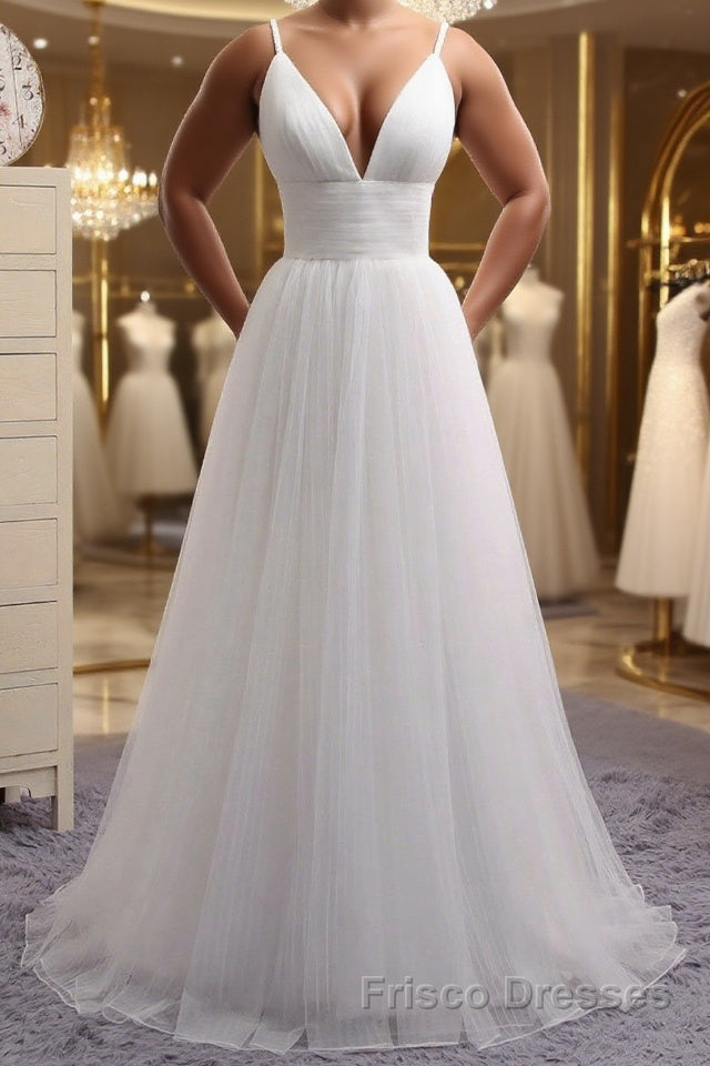 Simple A Line V Neck White Wedding Dresses, V Neck White Tulle Formal Prom Formal Dresses Main image