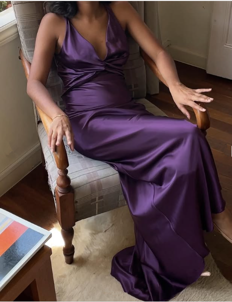 Simple A-Line V Neckline Grape Satin Long Prom Dresses Formal Evening Dress