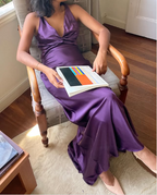 Simple A-Line V Neckline Grape Satin Long Prom Dresses Formal Evening Dress