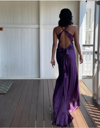 Simple A-Line V Neckline Grape Satin Long Prom Dresses Formal Evening Dress