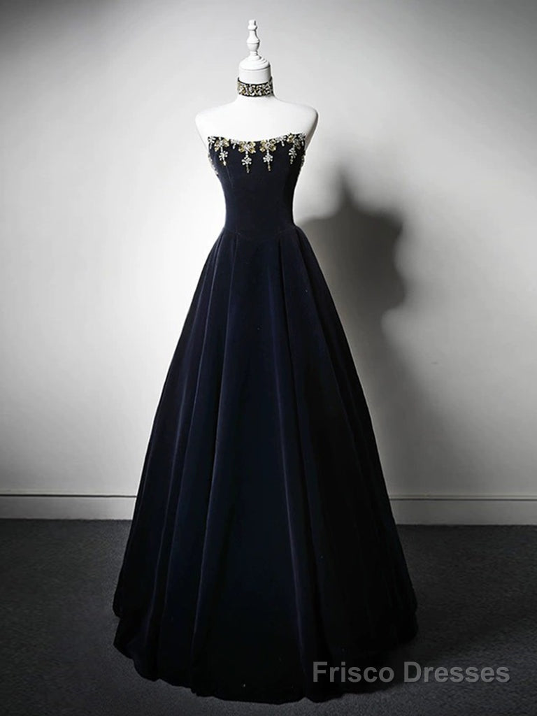 Simple A-Line Velvet Dark Blue Long Prom Dress with Beads Main image