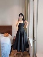 Simple And Elegant Pink A-Line Square Neck Halter Satin Prom Dress Evening Dress