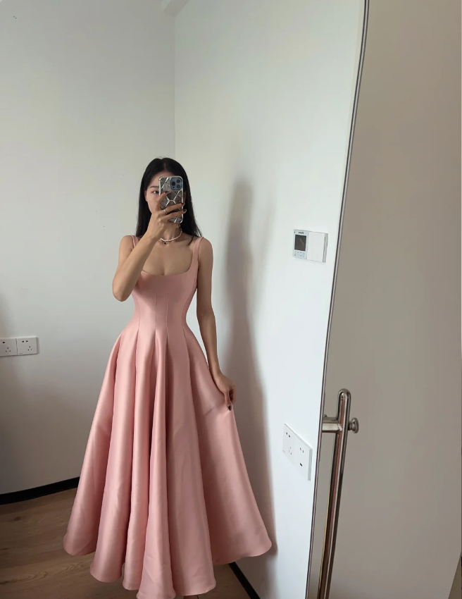 Simple And Elegant Pink A-Line Square Neck Halter Satin Prom Dress Evening Dress Main image
