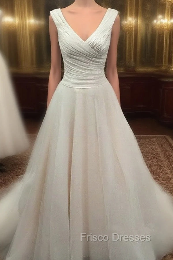 Simple And Elegant Ruched Satin V-Neck Tulle Wedding Dress Main image