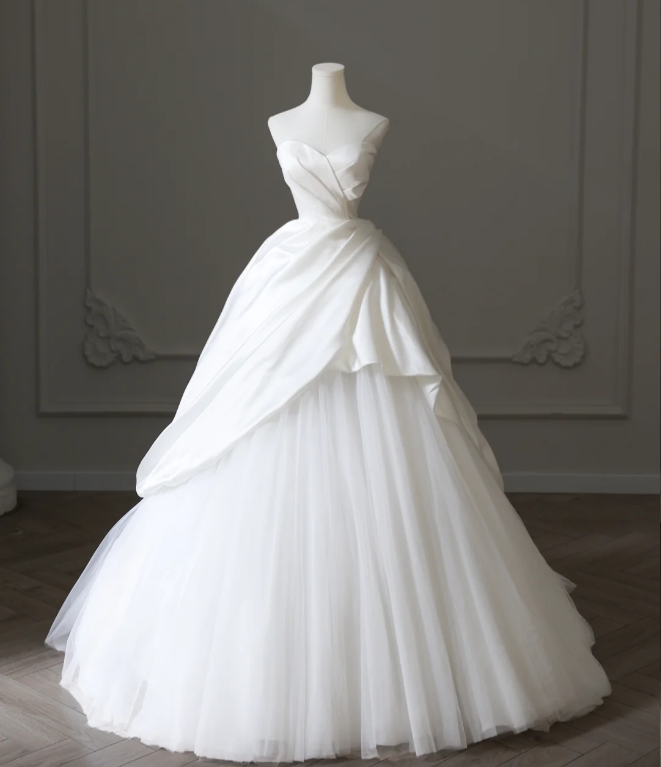 Simple And Elegant White Sweetheart Neckline Satin Tulle A-Line Floor-Length Wedding Dress