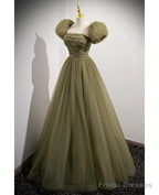 Simple And Minimalist Clover Green Square Neckline Fluffy Short Sleeved Sequin Ball Dress In Clover A-Line Princess Backless And Ground Length Evening Dress