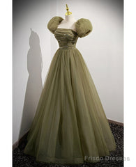 Simple And Minimalist Clover Green Square Neckline Fluffy Short Sleeved Sequin Ball Dress In Clover A-Line Princess Backless And Ground Length Evening Dress