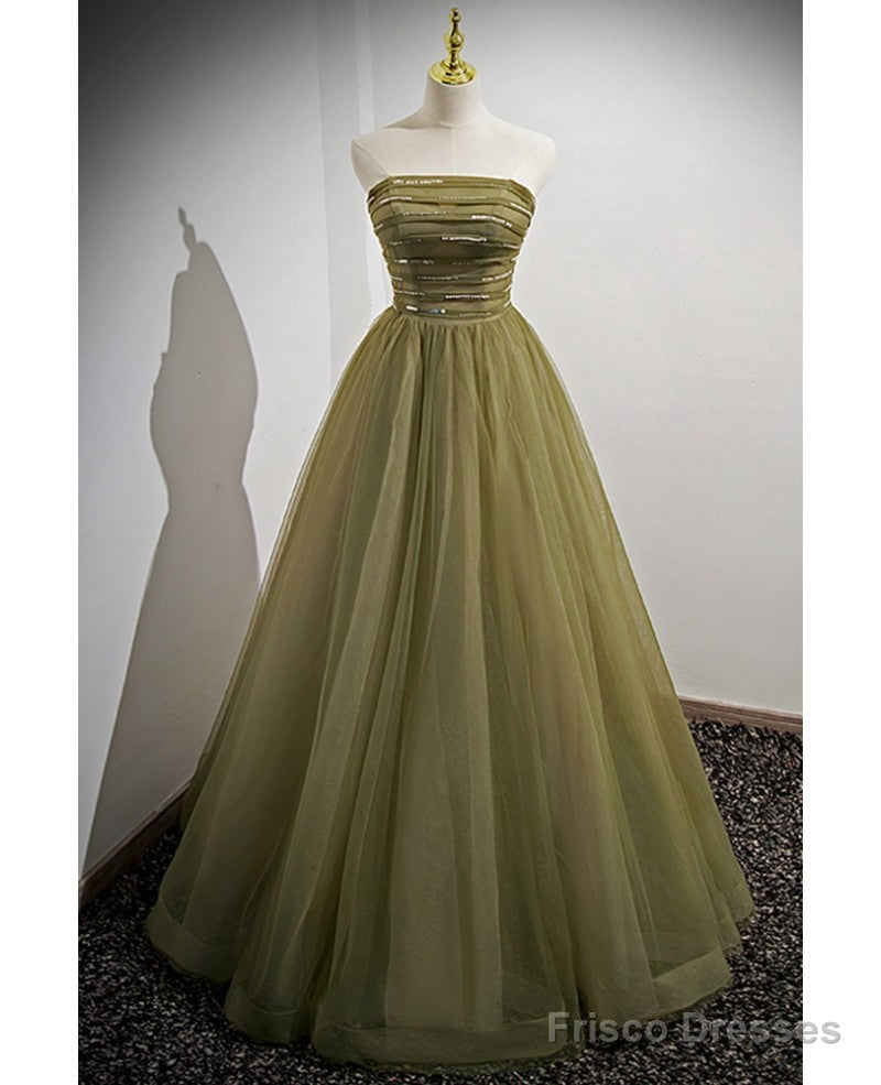 Simple And Minimalist Clover Green Square Neckline Fluffy Short Sleeved Sequin Ball Dress In Clover A-Line Princess Backless And Ground Length Evening Dress