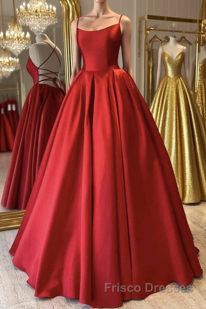 Simple Backless Red Satin Long Formal Prom Dresses, Backless Red Formal Dresses, Red Evening Dresses Main image