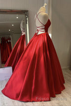 Simple Backless Red Satin Long Formal Prom Dresses, Backless Red Formal Dresses, Red Evening Dresses