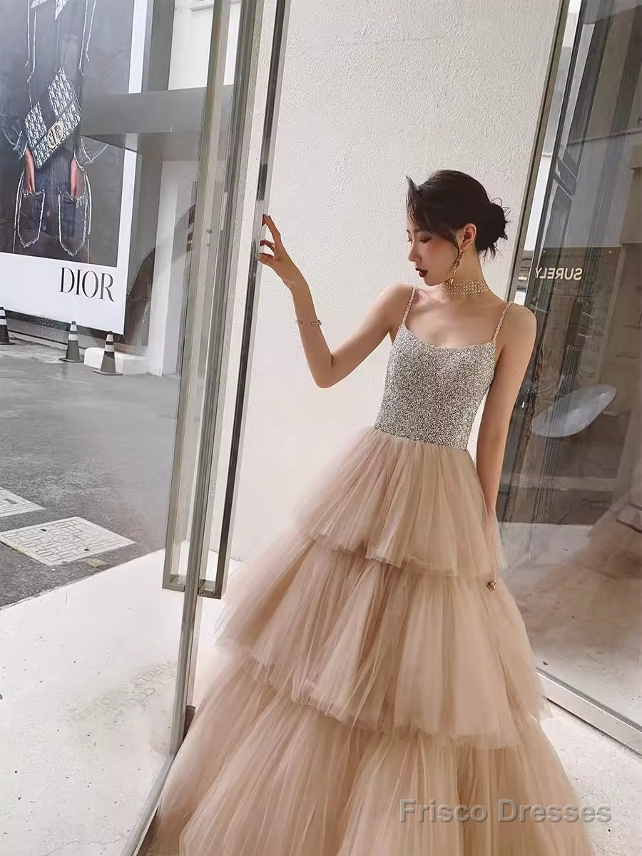 Simple Ball Gown Champagne Tulle Prom Dresses Evening Dress