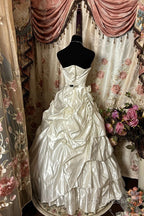 Simple Ball Gown Strapless Sleeveless Pleats White Satin Wedding Dress