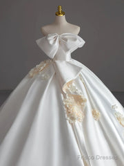 Simple Ball Gown Strapless Sleeveless Satin White Wedding Dresses Brides Dress With Bow