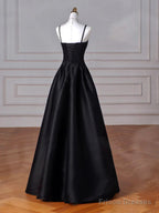 Simple Black A-Line Satin Straps Long Party Dress, Black Satin Prom Dress