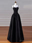 Simple Black A-Line Satin Straps Long Party Dress, Black Satin Prom Dress