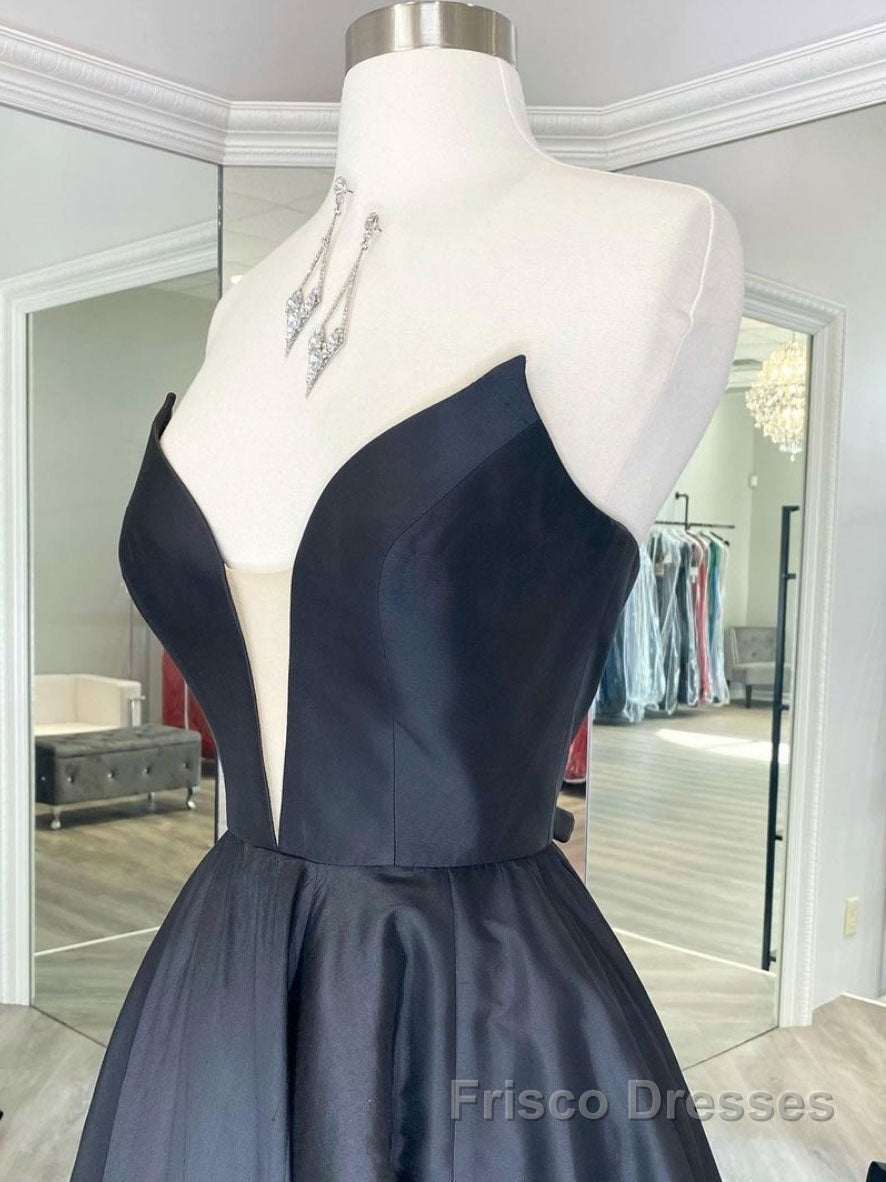 Simple black satin long Formal Prom Dresses, black evening Dresses