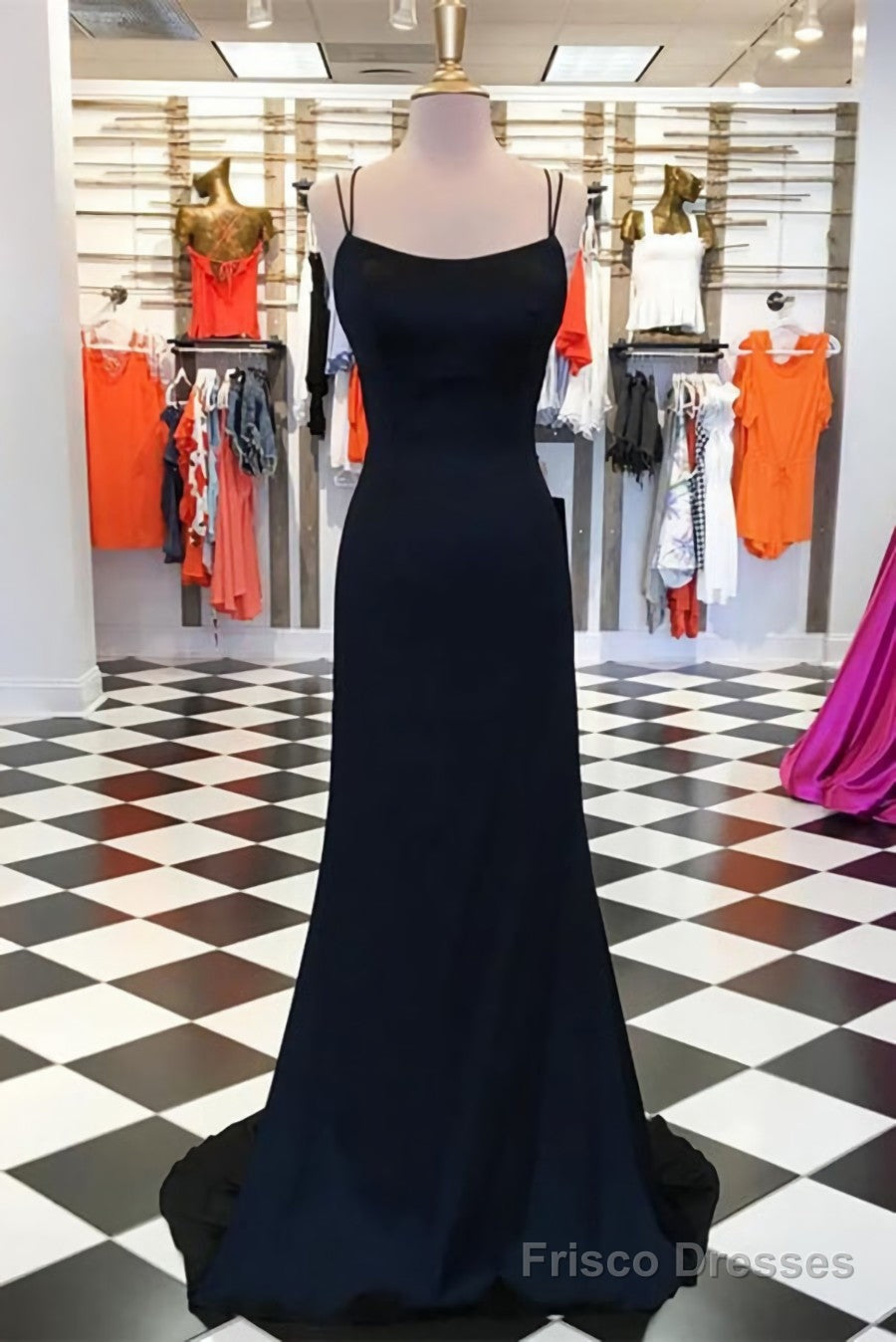 Simple Black Satin Sheath Spaghetti Straps Long Prom Dresses, Evening Gown Main image