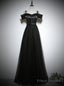 Simple Black Tulle Satin Spaghetti Straps Button Prom Dress