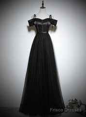 Simple Black Tulle Satin Spaghetti Straps Button Prom Dress