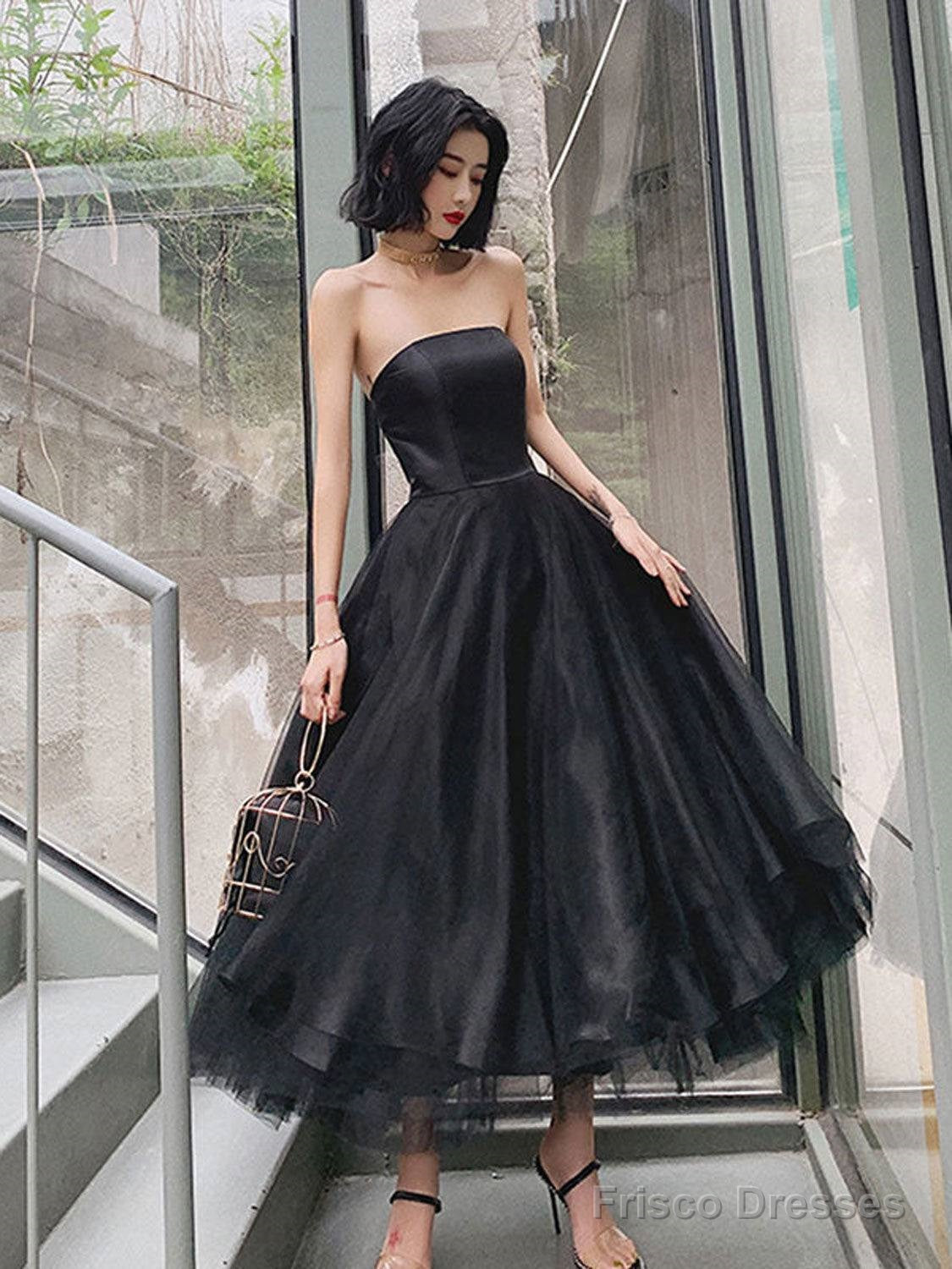 Simple Black Tulle Tea Length Prom Dress, Black Evening Dress Main image