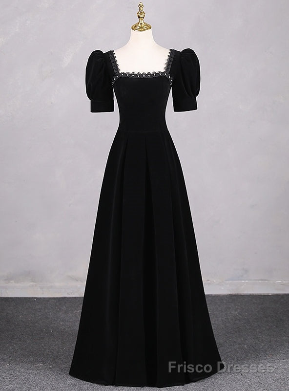 Simple Black Velvet Short Sleeve Square Neck Prom Dress
