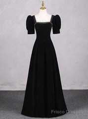 Simple Black Velvet Short Sleeve Square Neck Prom Dress