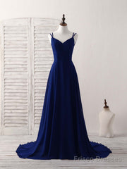 Simple Blue Chiffon Long Prom Dress Backless Blue Evening Dress