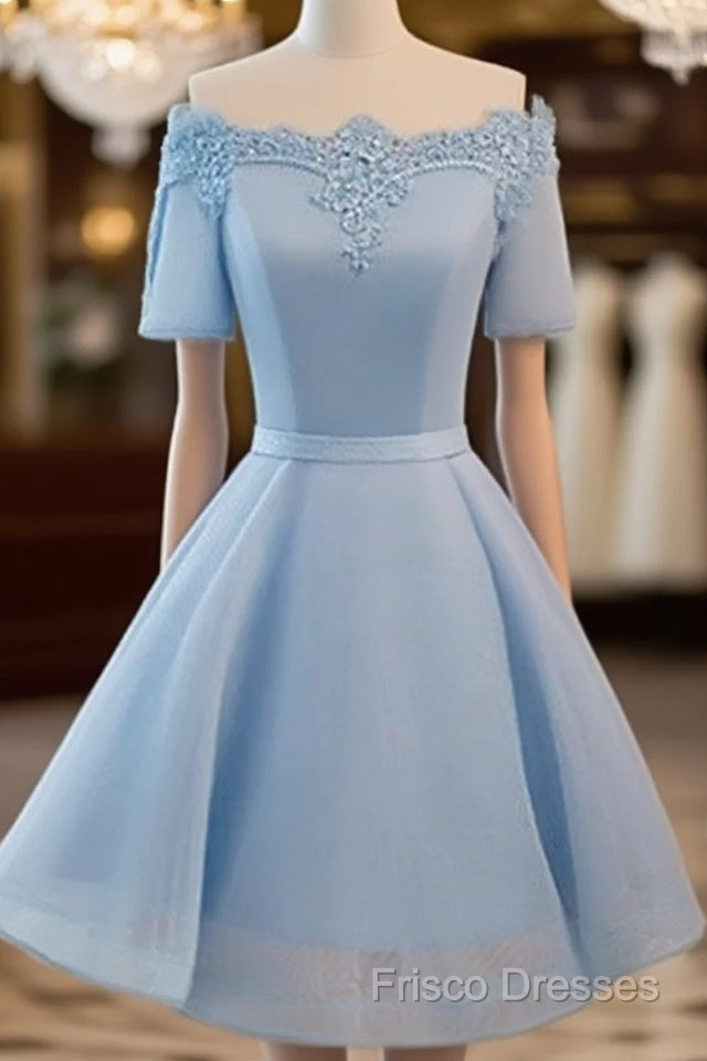 Simple Blue Lace Short Formal Prom Dress, Bridesmaid Dress Main image